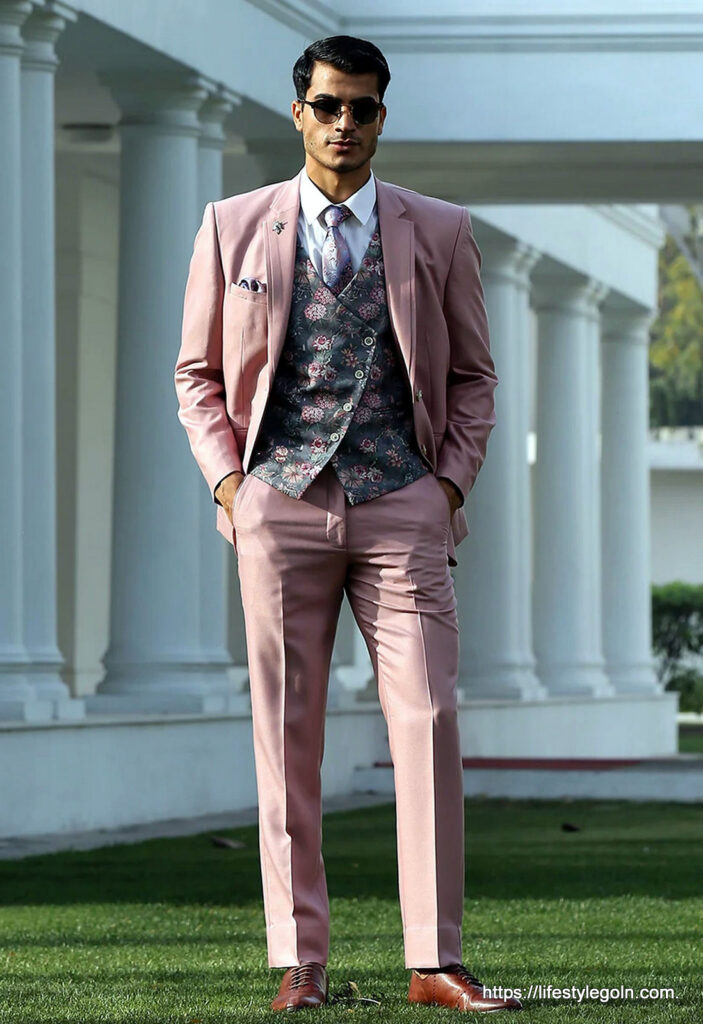 Notch lapel suit with double breasted vest
